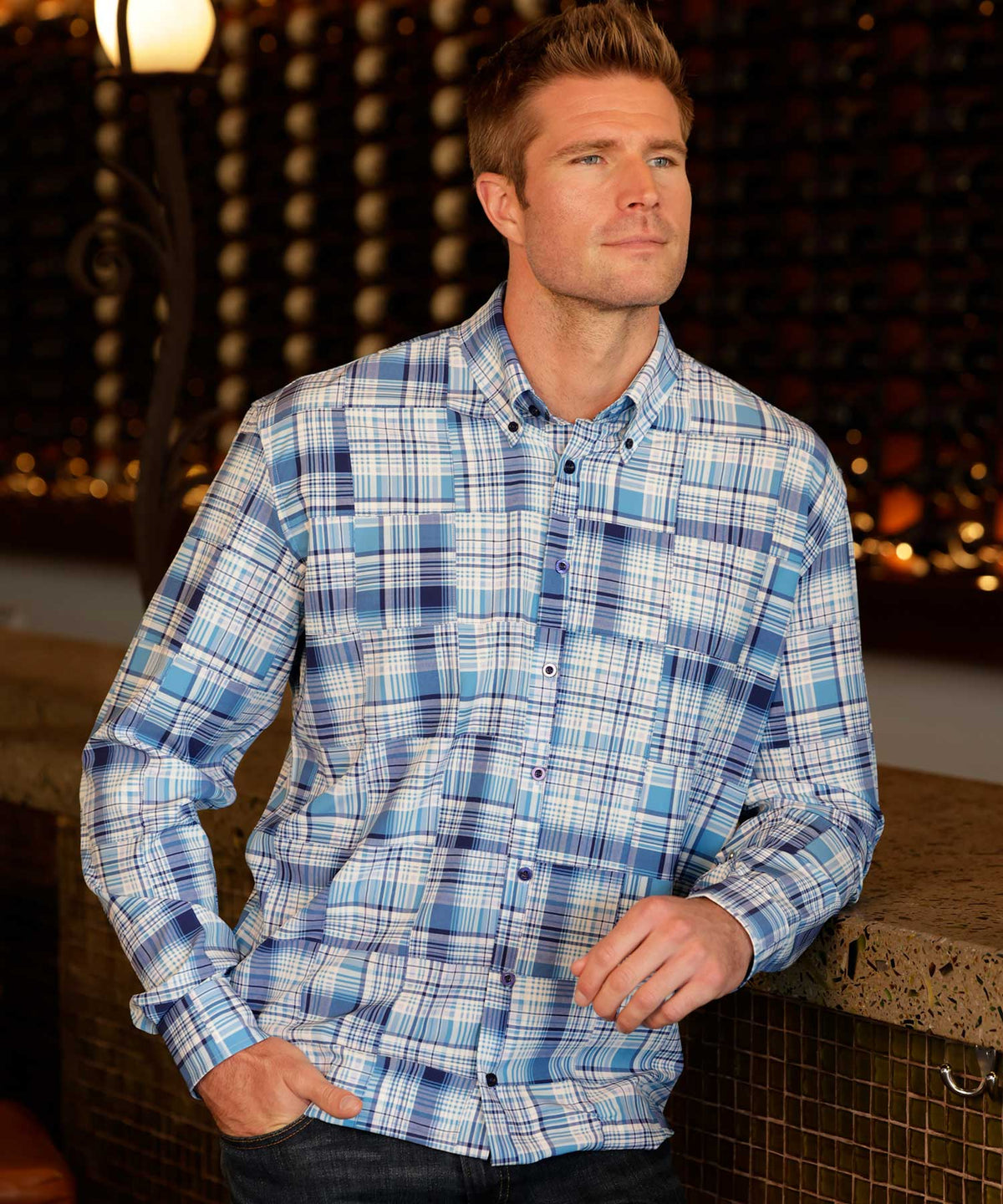 Westport No-Tuck Long Sleeve Patchwork Motif Performance Stretch Sport Shirt, Men's Big & Tall