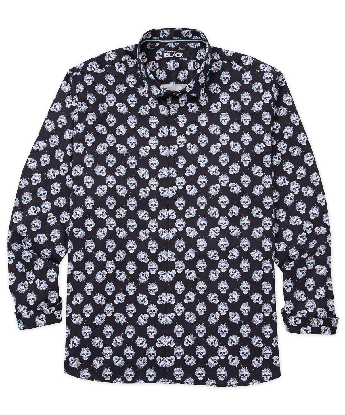 Westport Black Long Sleeve Skulls Print Sport Shirt, Men's Big & Tall