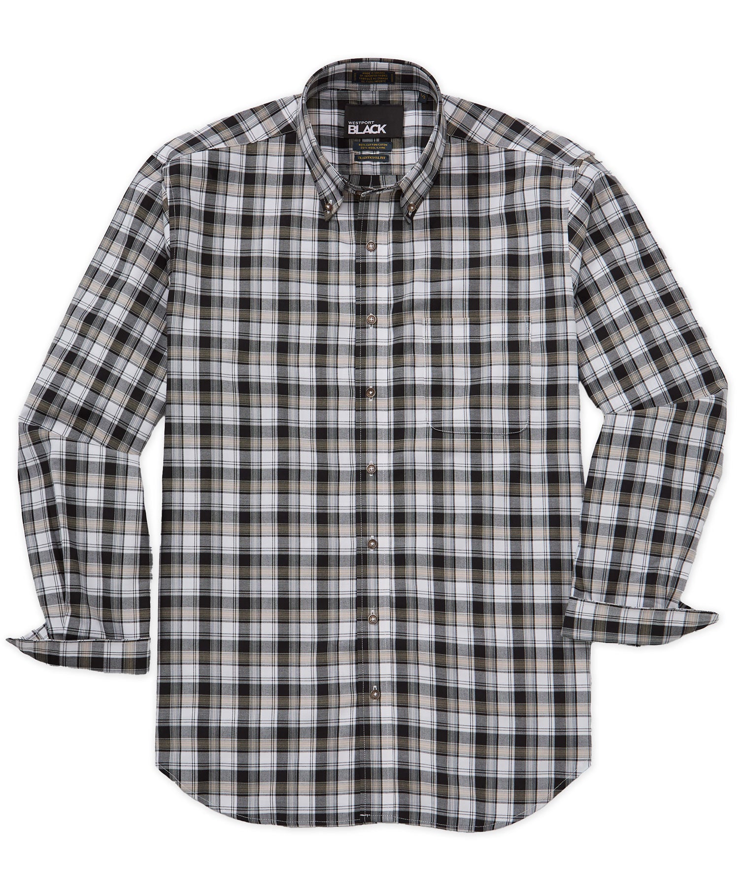 Westport Black Long Sleeve Cotton-Wool Button Down Collar Plaid Sport Shirt, Men's Big & Tall