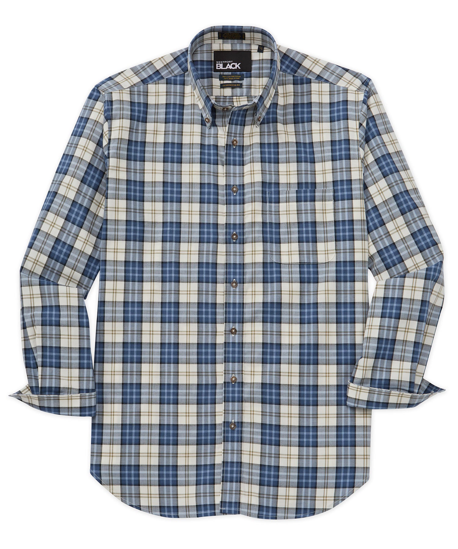 Westport Black Long Sleeve Cotton-Wool Button Down Collar Plaid Sport Shirt, Men's Big & Tall