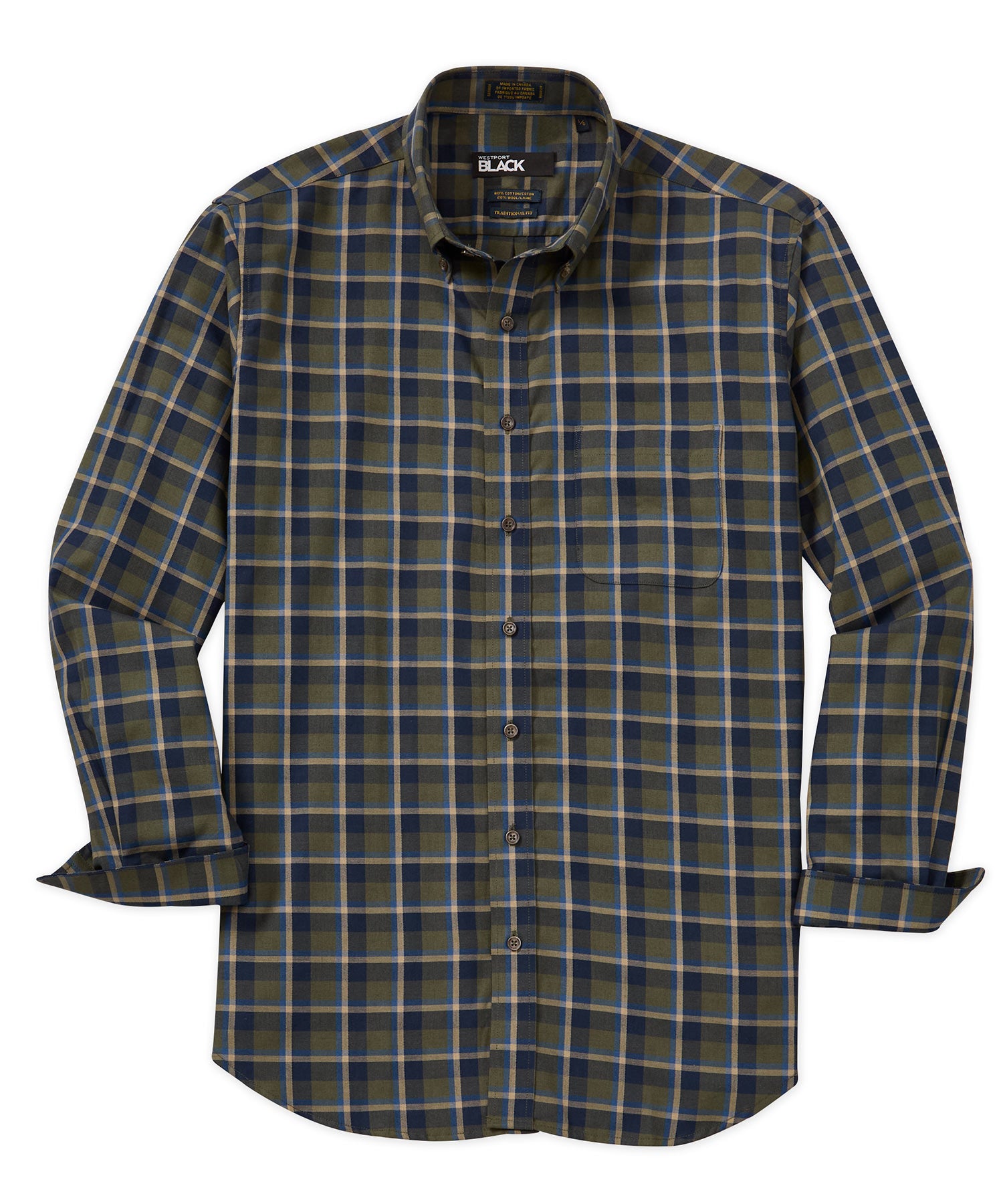 Westport Black Long Sleeve Cotton-Wool Button Down Collar Plaid Sport Shirt, Men's Big & Tall