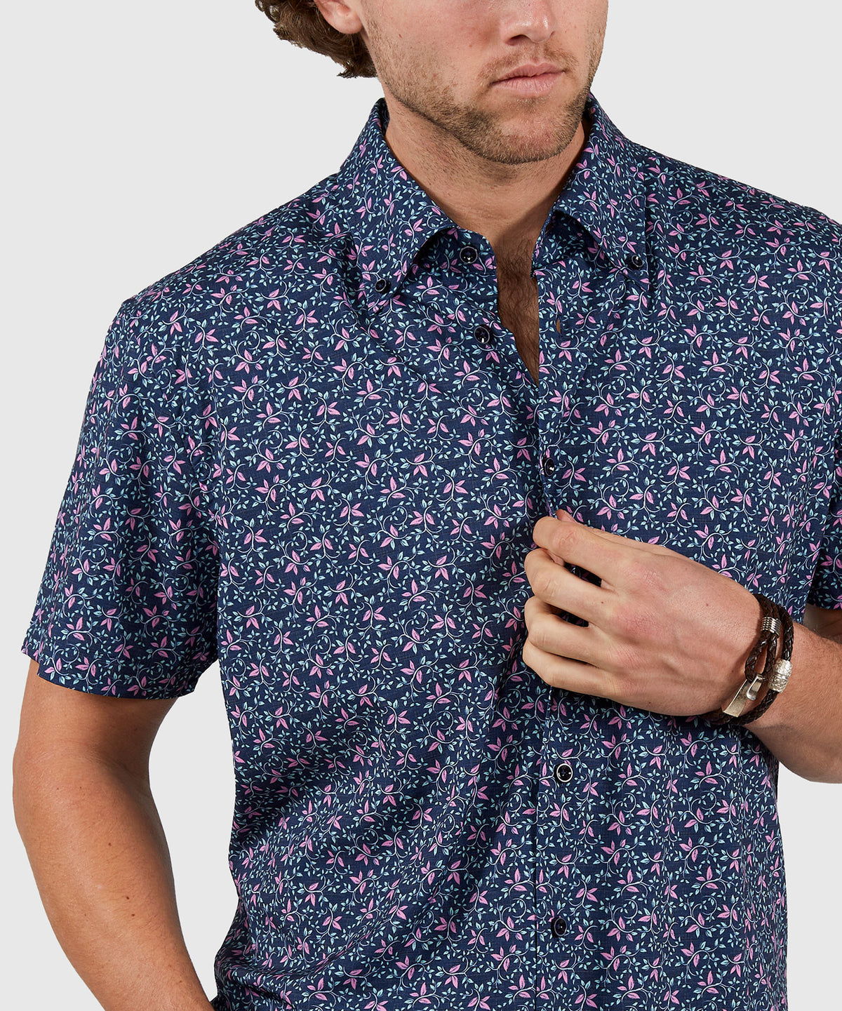 Westport No-Tuck Short Sleeve Button Down Collar Stretch Performance 'Vines' Sport Shirt, Men's Big & Tall