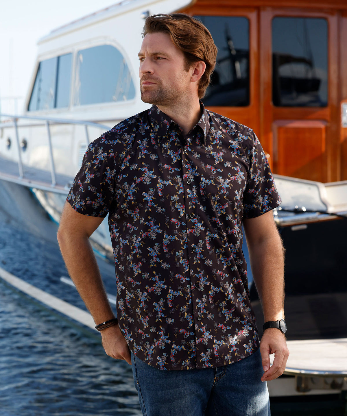 Westport No-Tuck Short Sleeve Button Down Collar Stretch Performance 'Lush Paisley' Sport Shirt, Men's Big & Tall