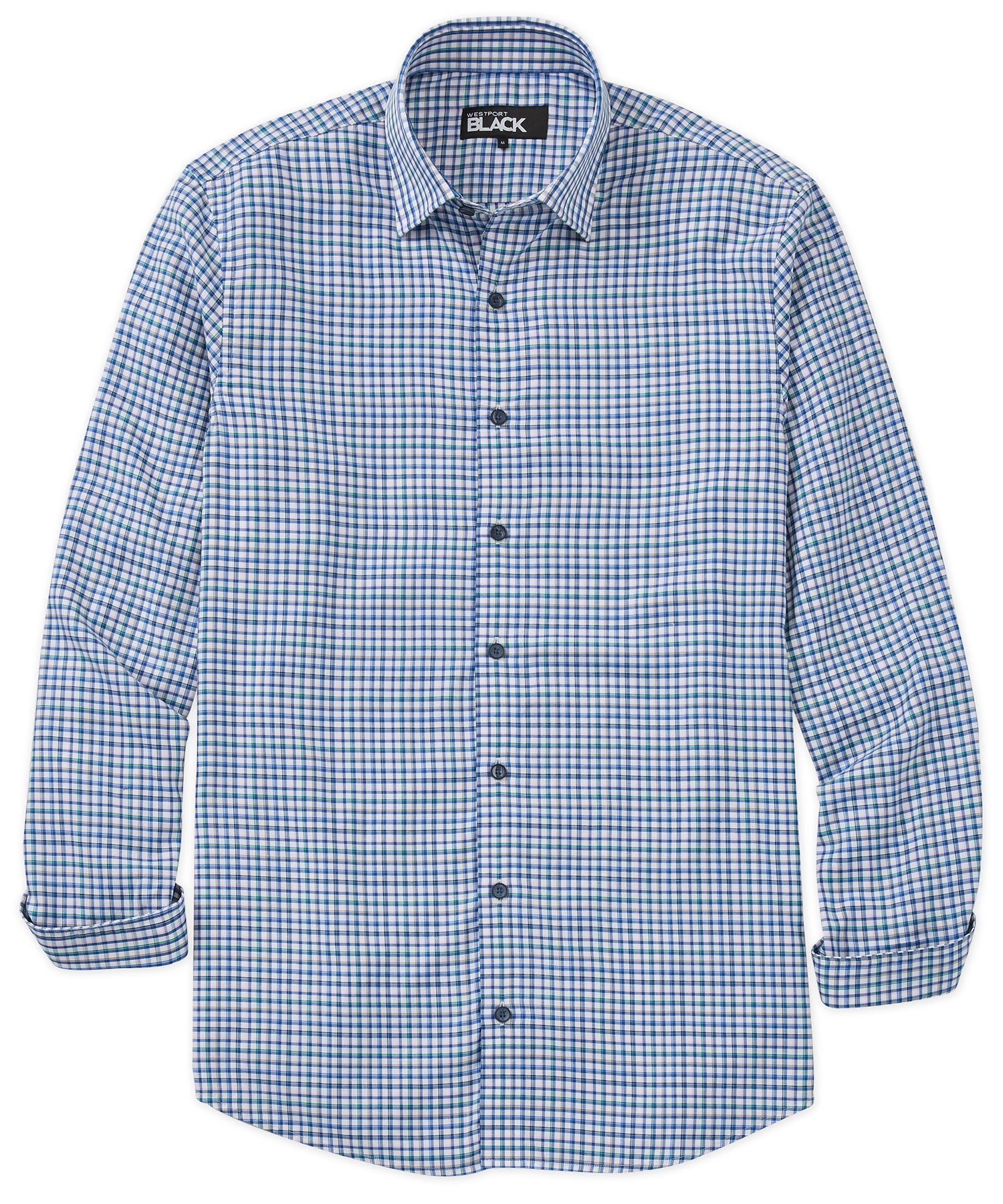 Westport Black Long Sleeve Semi Spread Button Under Plaid Collar Sport Shirt