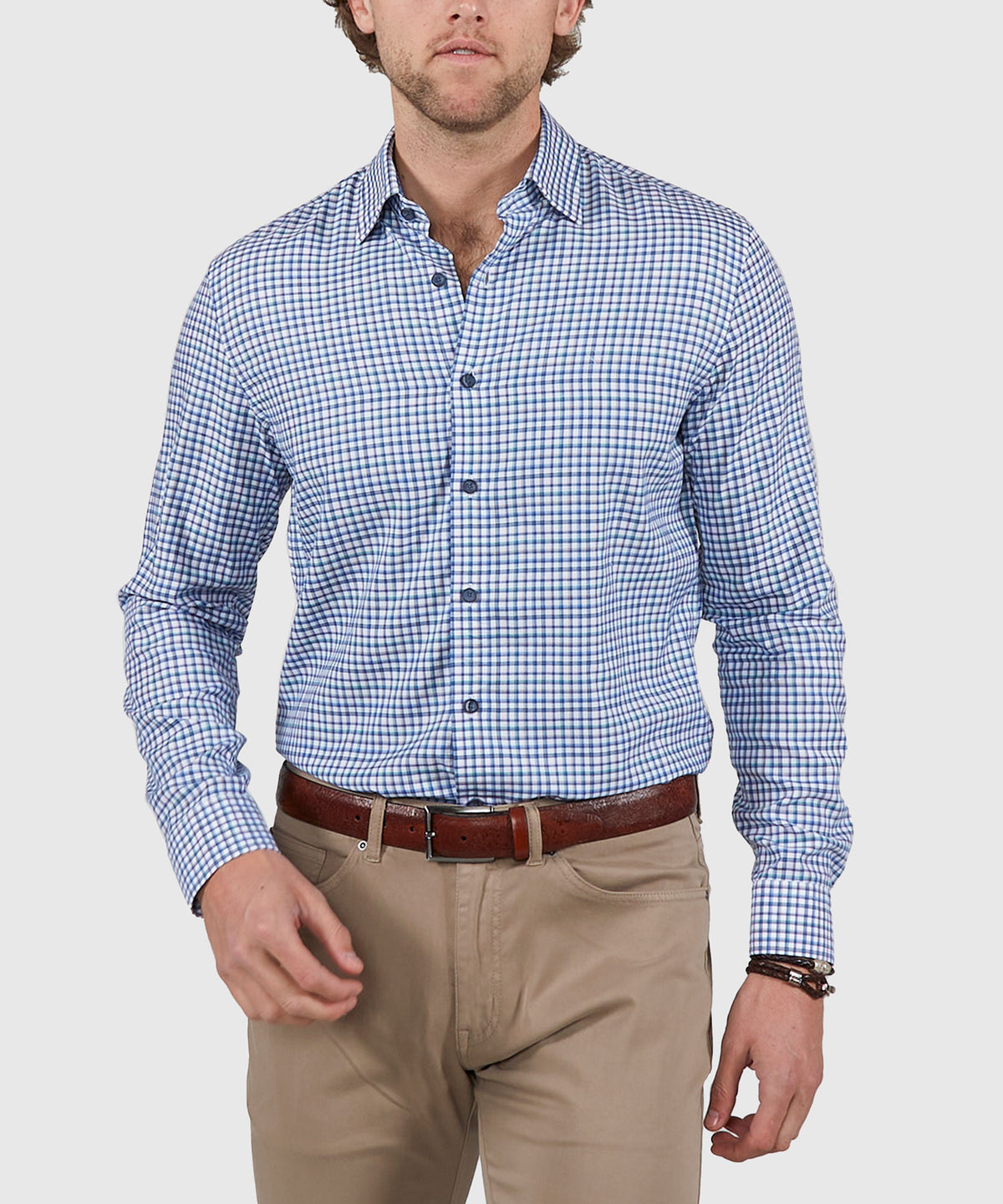 Westport Black Long Sleeve Semi Spread Button Under Plaid Collar Sport Shirt, Men's Big & Tall