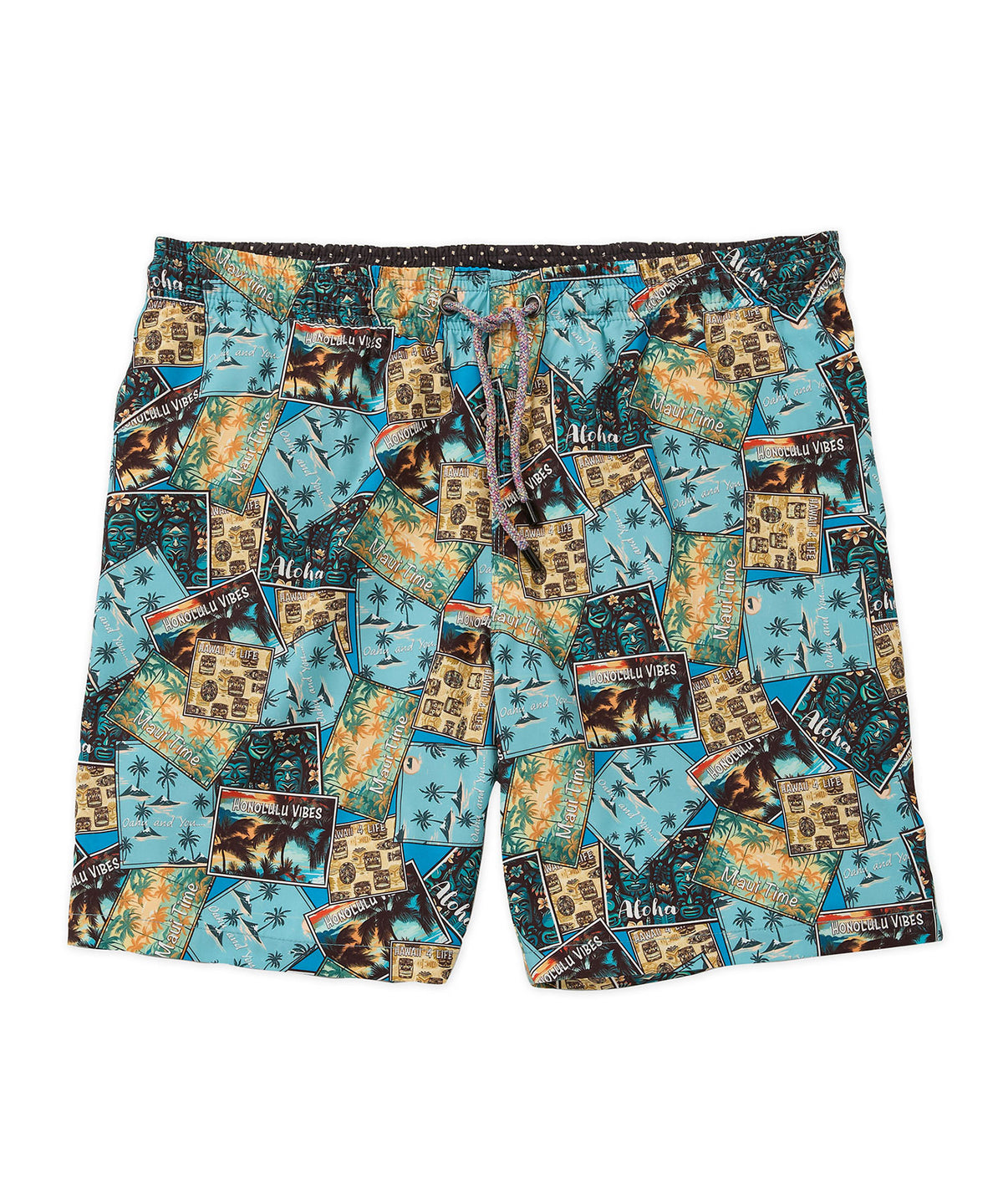 Westport Black Postcard Print Swim Trunk, Men's Big & Tall