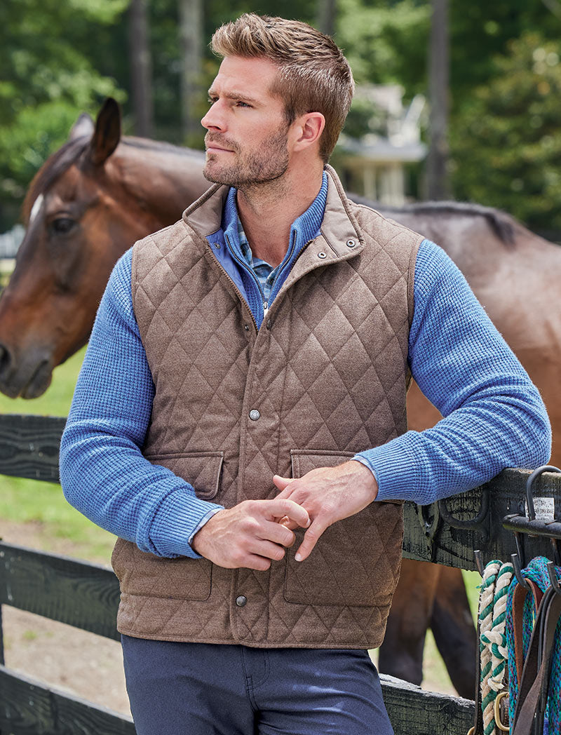 Male model wearing Peter Millar Essex Quilted Wool Travel Vest, Men's Big & Tall