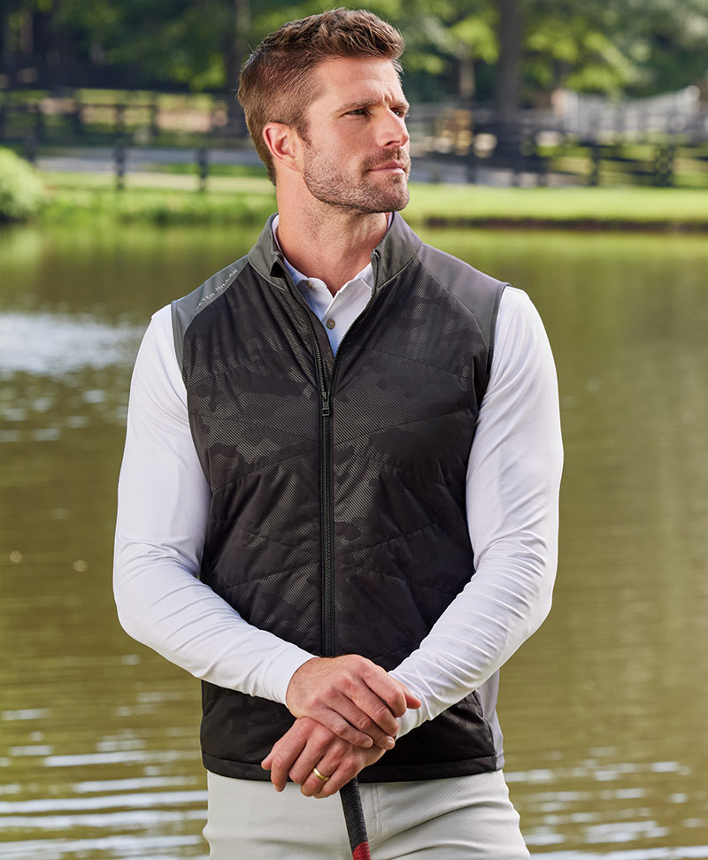 Male model wearing Peter Millar Venture Hybrid Vest, Men's Big & Tall