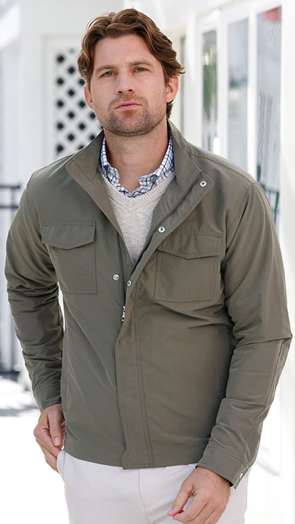 Male model wearing Peter Millar Rambler Field Jacket
