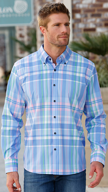 Male model wearing Westport No-Tuck Long Sleeve Button Down Collar Stretch Performance Plaid Sport Shirt