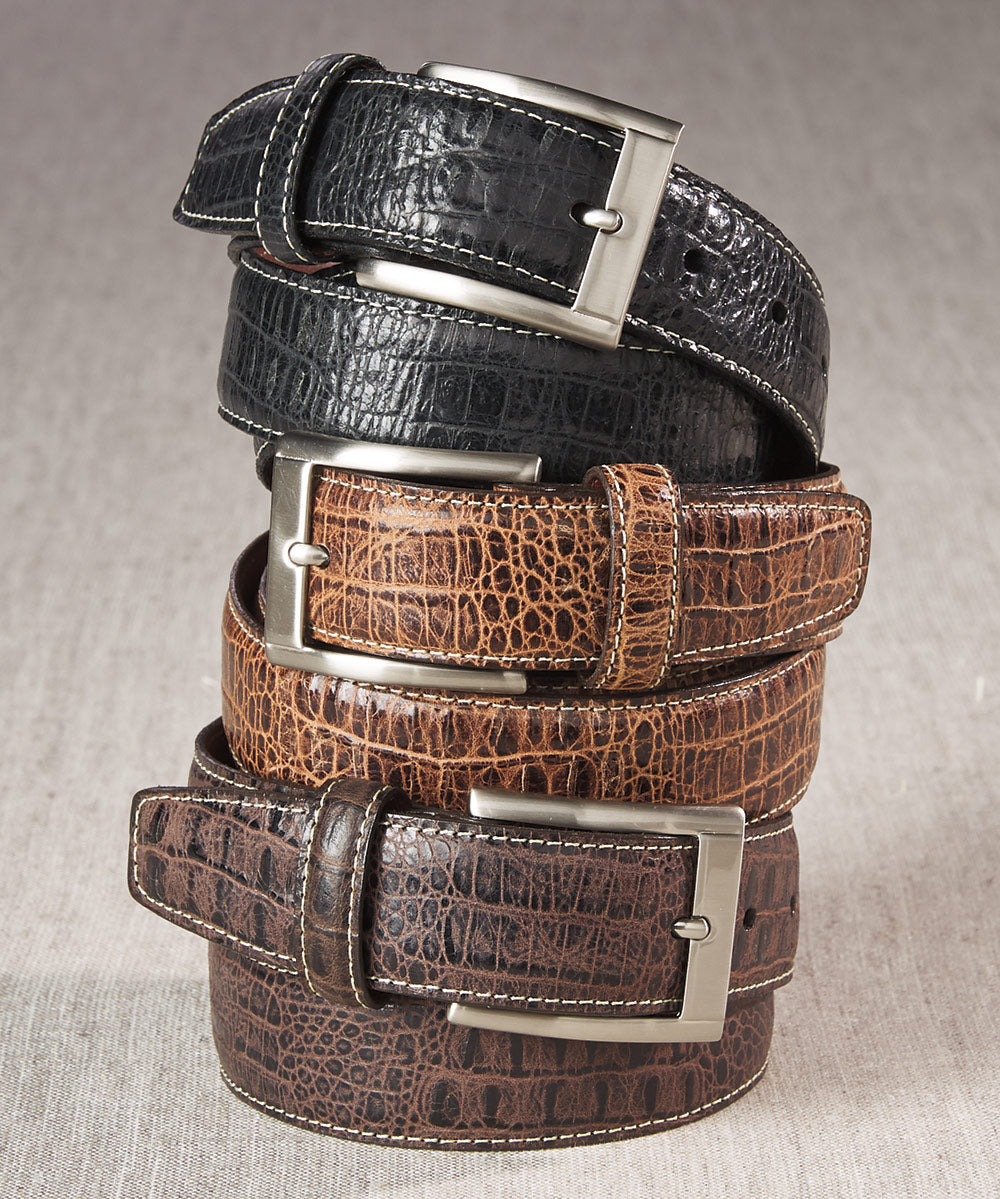 Embossed Alligator Print Leather Belt, Men's Big & Tall