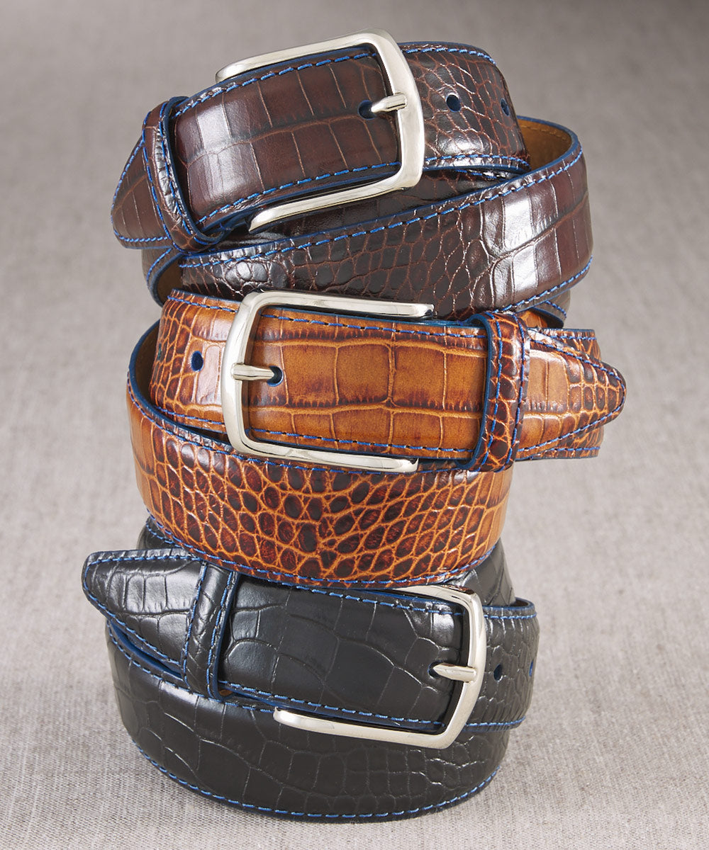 Embossed Alligator Print Calfskin Belt, Men's Big & Tall