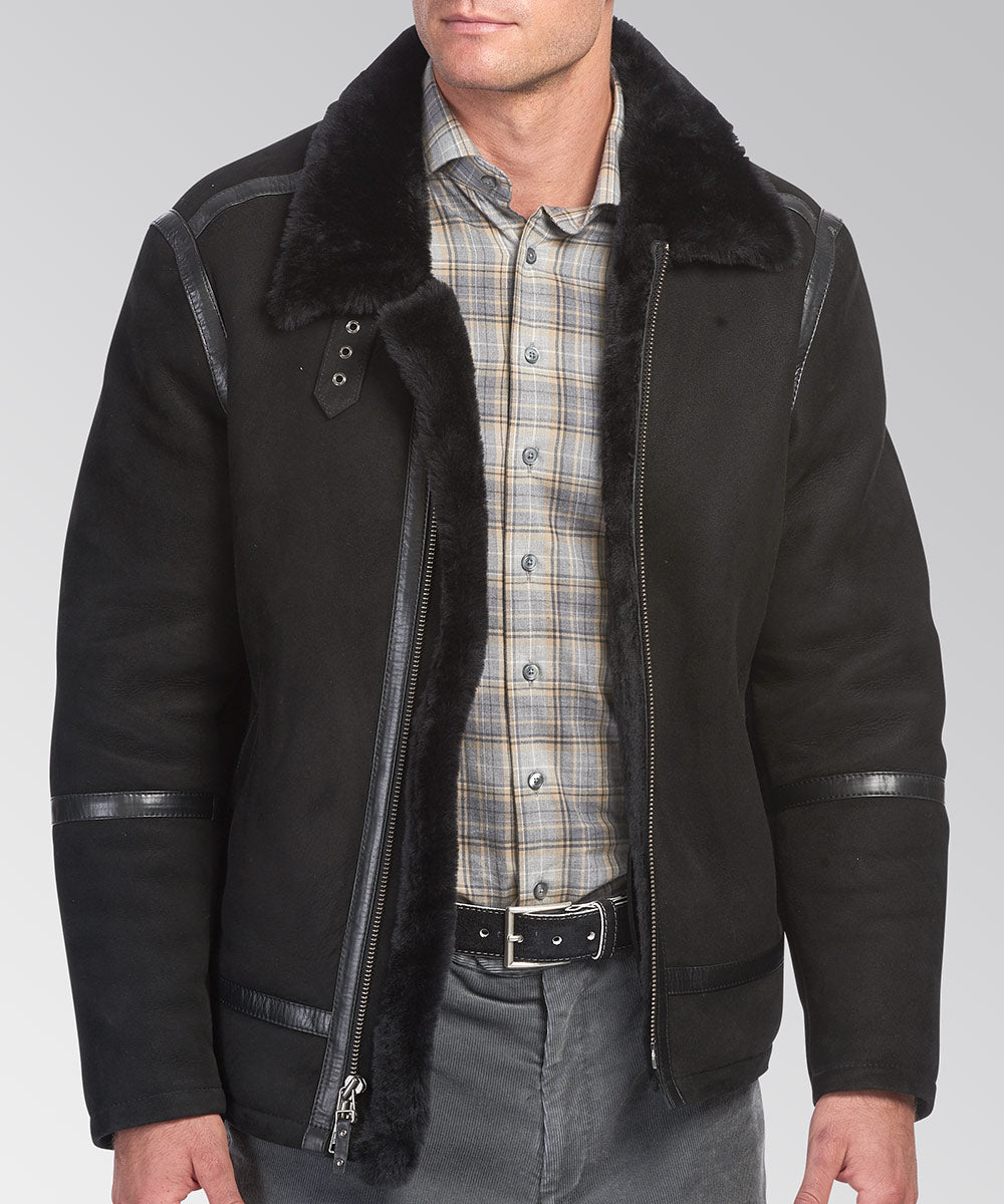 Westport Black Shearling Coat with Leather Trim, Men's Big & Tall